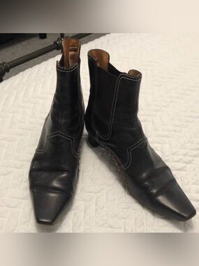 Tod's Dark Brown Leather Western Chelsea Boots with White Stitching
